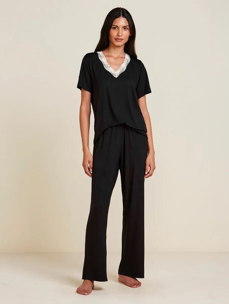 PIJAMA LONGO MANGA CURTA EM VISCOSE E RENDA MOON - PRETO - G